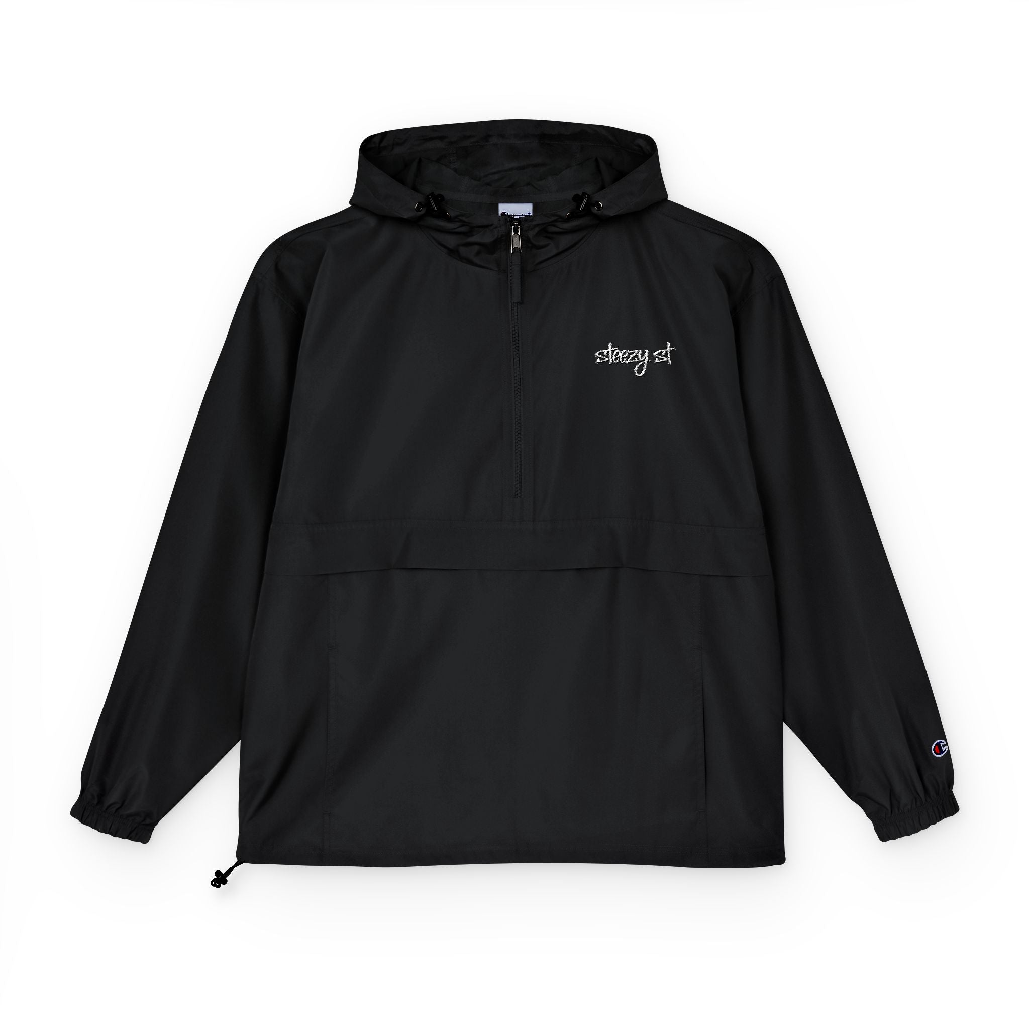 Champion Packable Anorak Jacket — Black Hoodie with Camo Script Logo
