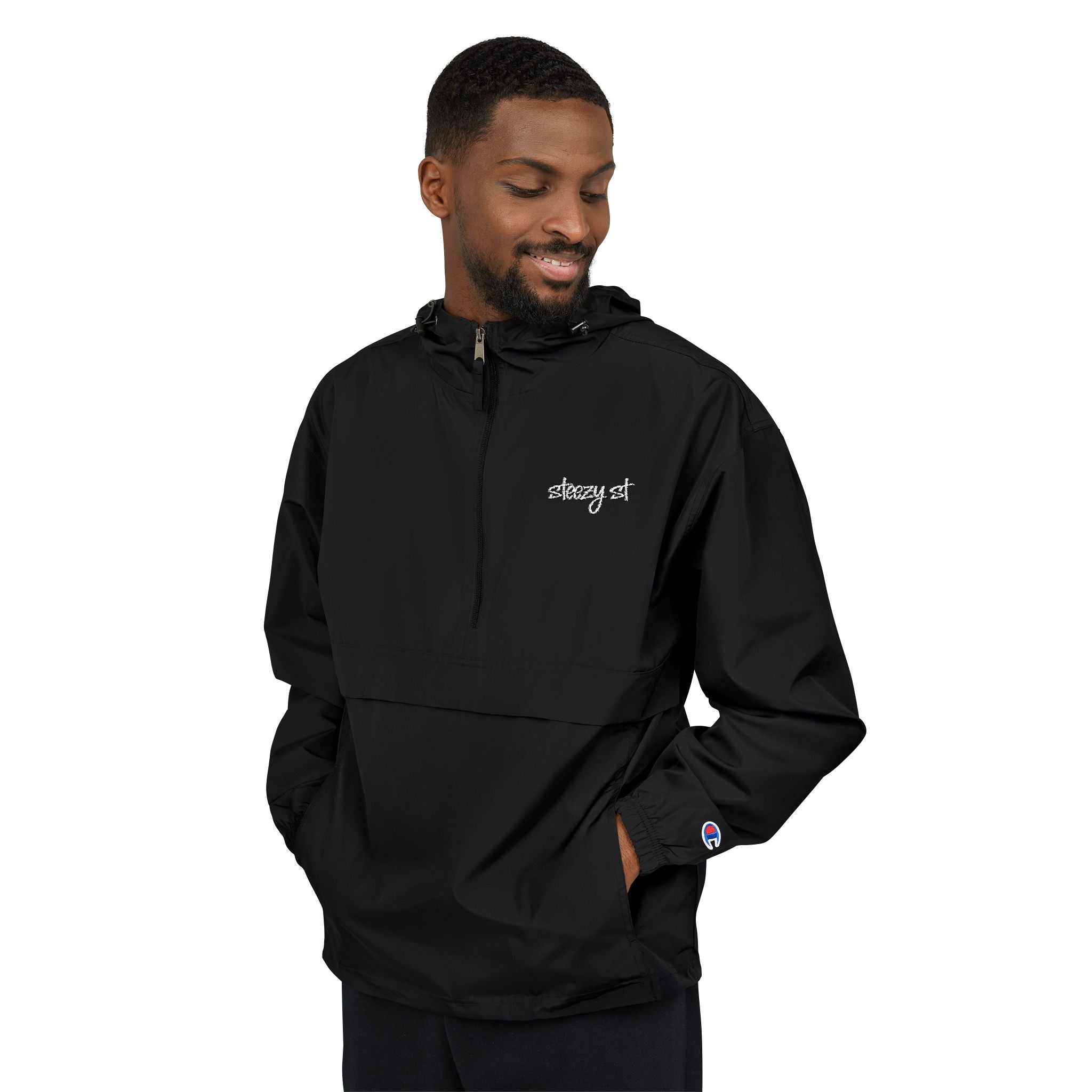 Champion Packable Anorak Jacket — Black Hoodie with Camo Script Logo